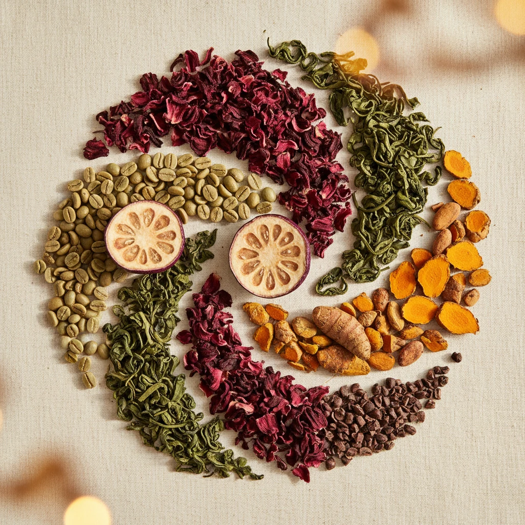Flat lay of diverse botanical ingredients - green coffee, hibiscus, green tea, garcinia - botanical supplement 4 continents extracts